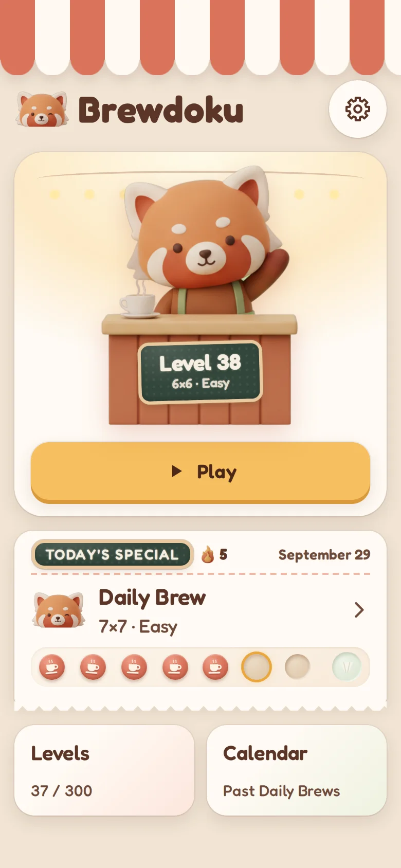 The home screen of the app: the barista behind his counter with level 38 on a chalk slate, a Play button and the Daily Brew with its stamp card.